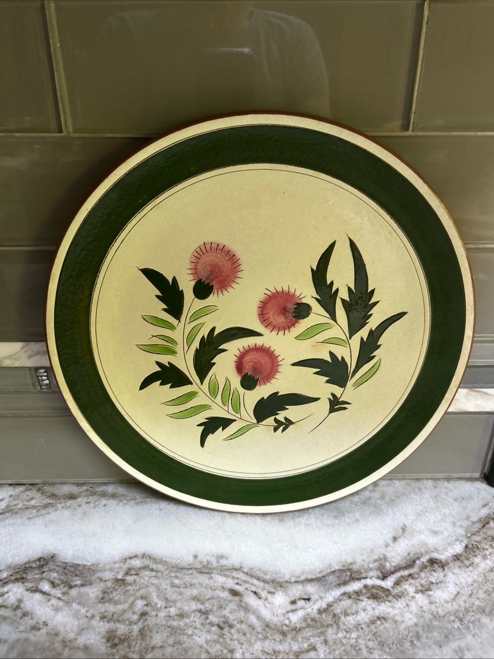 STANGL POTTERY Thistle Round Serving Platter 12” Green/ Pink Flowers Retro